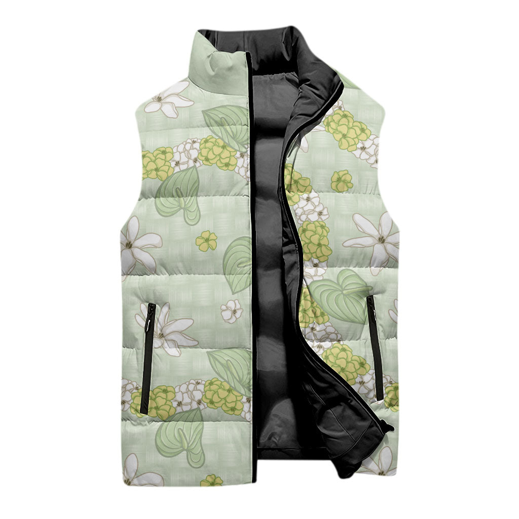 Hawaii Anthurium Tiare Pikake Lei Sleeveless Puffer Jacket Sage Green Lauhala Art Pattern LT01 - Polynesian Pride