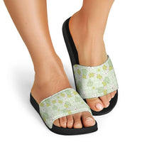 Hawaii Anthurium Tiare Pikake Lei Slide Sandals Sage Green Lauhala Art Pattern