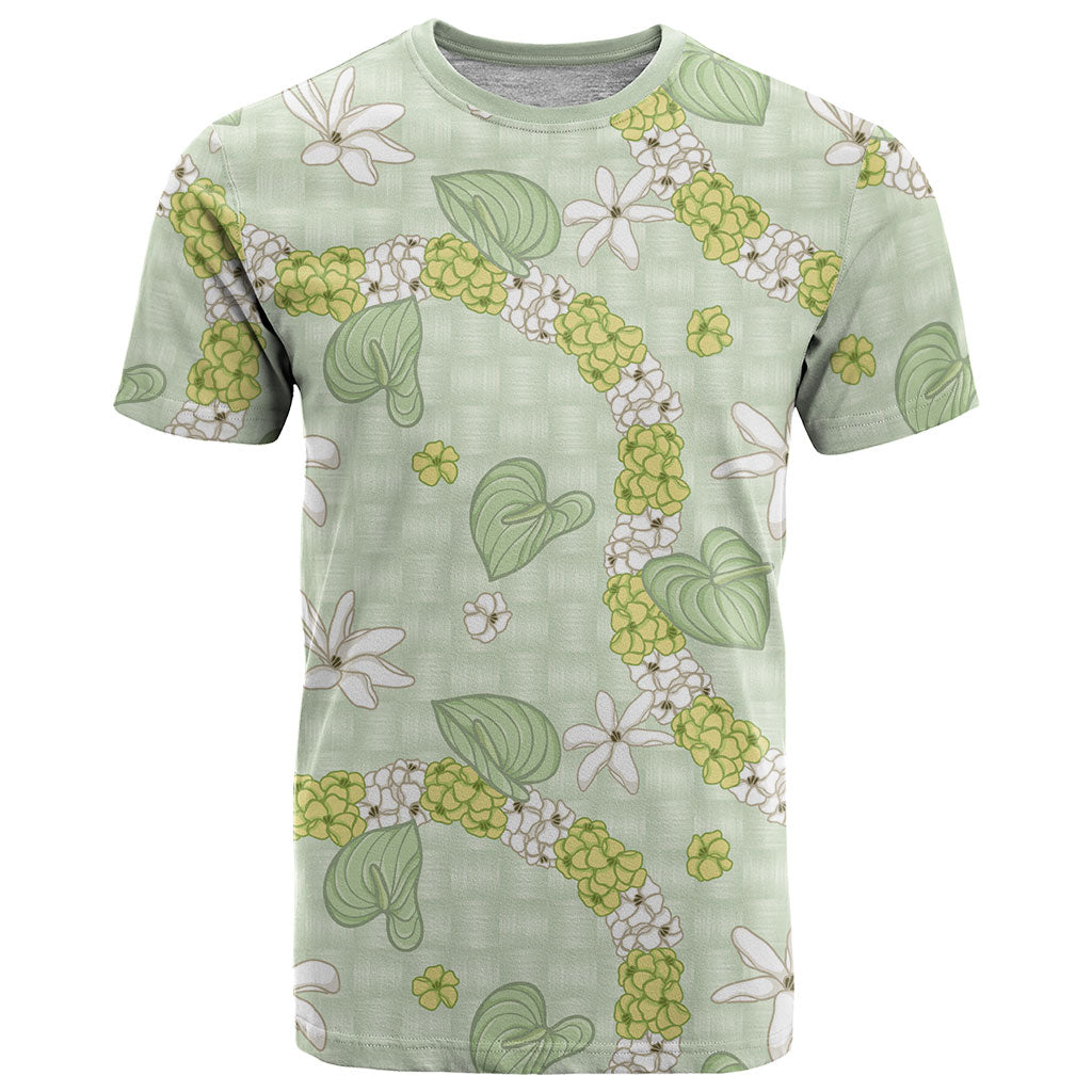 Hawaii Anthurium Tiare Pikake Lei T Shirt Sage Green Lauhala Art Pattern LT01 Green - Polynesian Pride