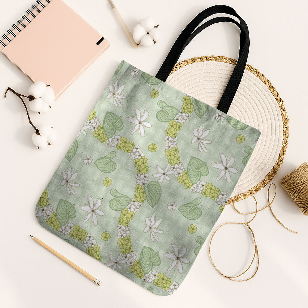 Hawaii Anthurium Tiare Pikake Lei Tote Bag Sage Green Lauhala Art Pattern LT01 Black Strap One Size Green - Polynesian Pride
