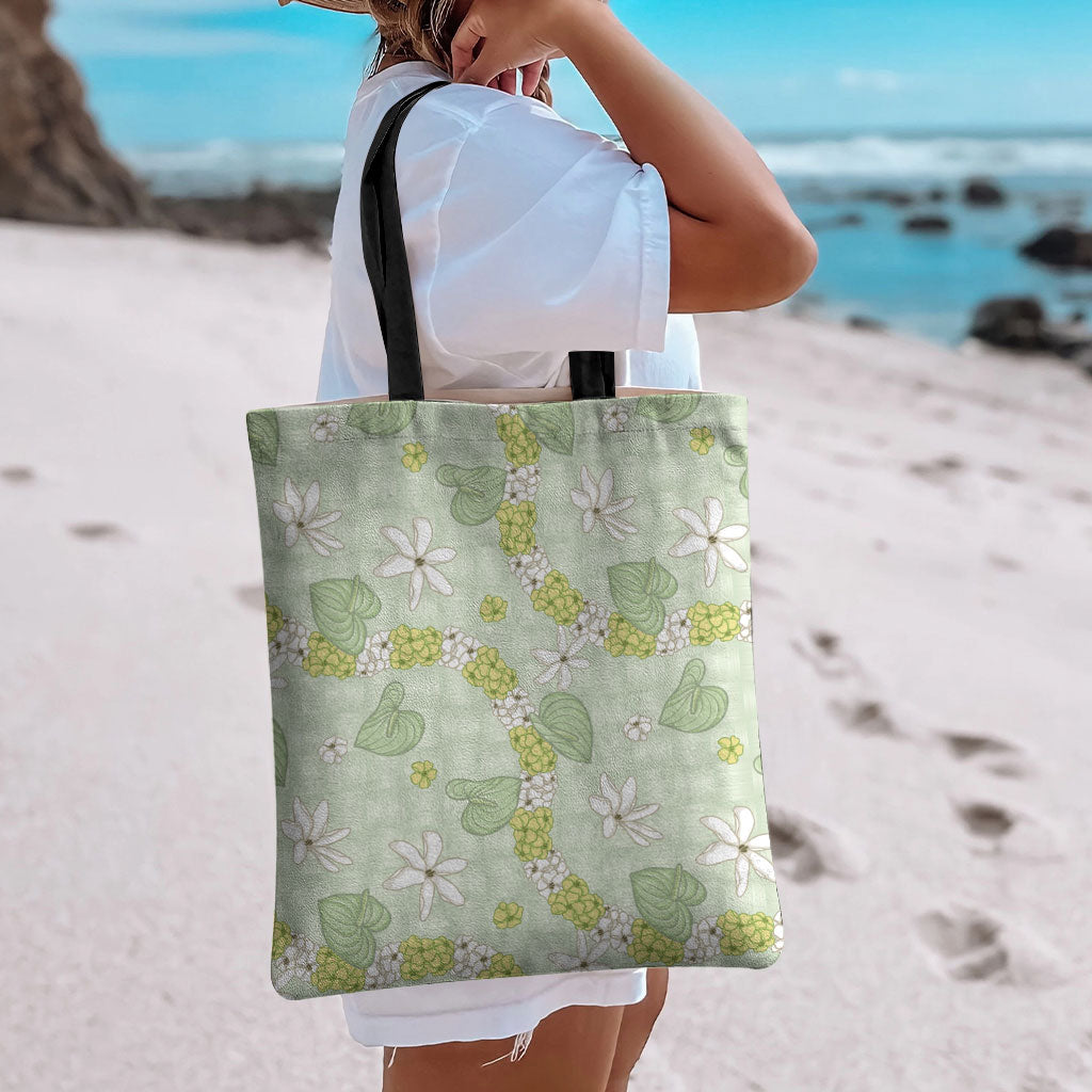 Hawaii Anthurium Tiare Pikake Lei Tote Bag Sage Green Lauhala Art Pattern LT01 - Polynesian Pride