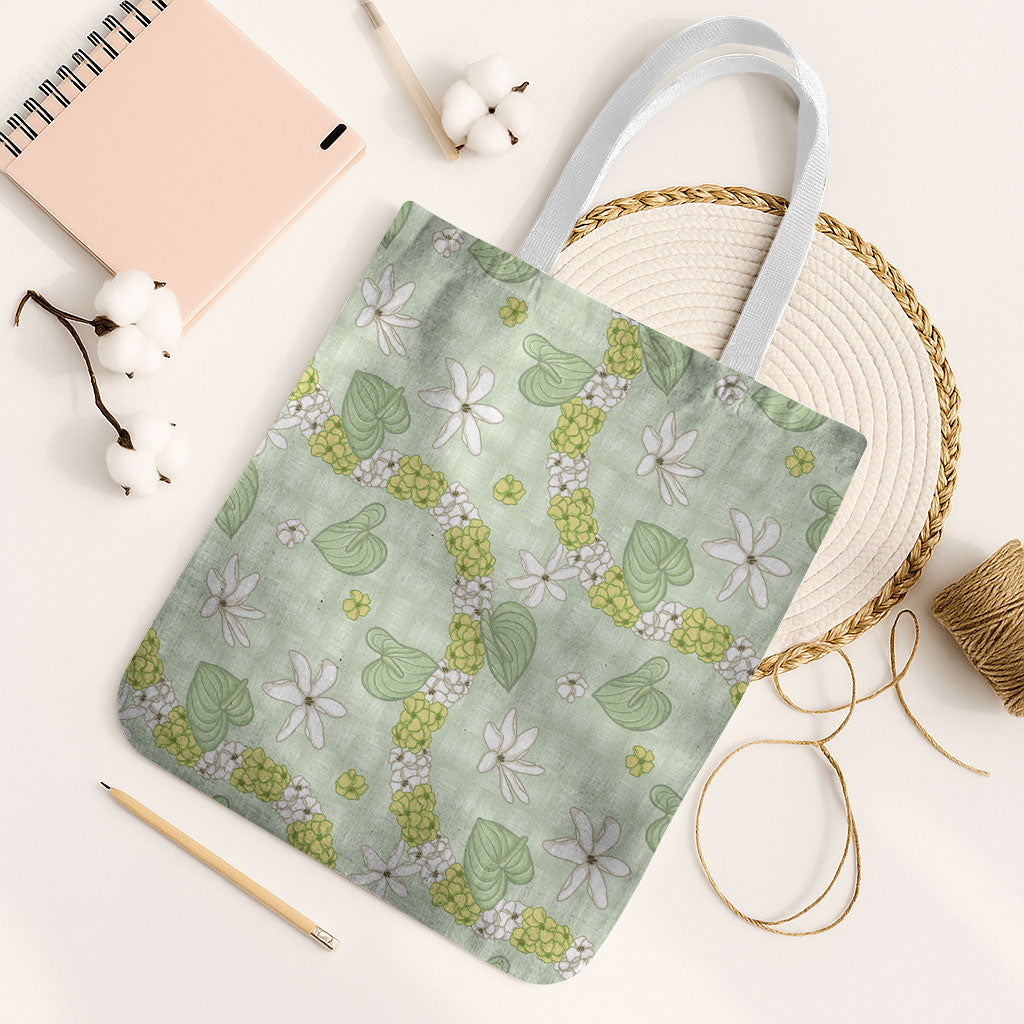 Hawaii Anthurium Tiare Pikake Lei Tote Bag Sage Green Lauhala Art Pattern LT01 White Strap One Size Green - Polynesian Pride
