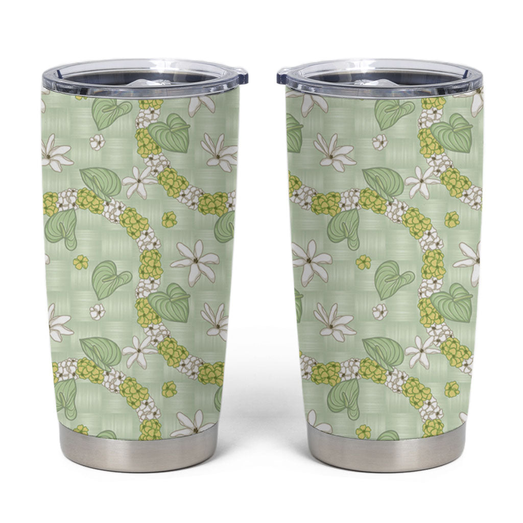 Hawaii Anthurium Tiare Pikake Lei Tumbler Cup Sage Green Lauhala Art Pattern