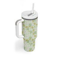 Hawaii Anthurium Tiare Pikake Lei Tumbler With Handle Sage Green Lauhala Art Pattern