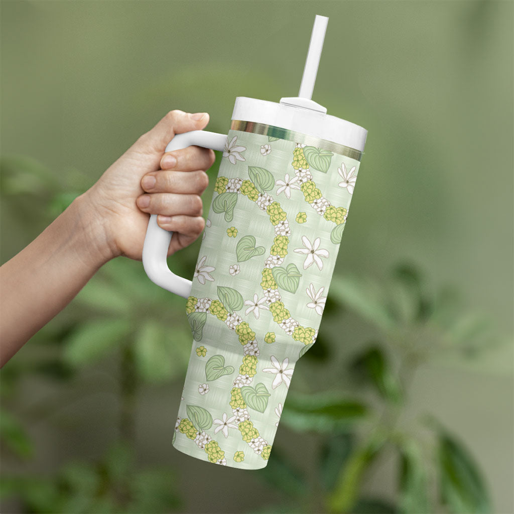 Hawaii Anthurium Tiare Pikake Lei Tumbler With Handle Sage Green Lauhala Art Pattern