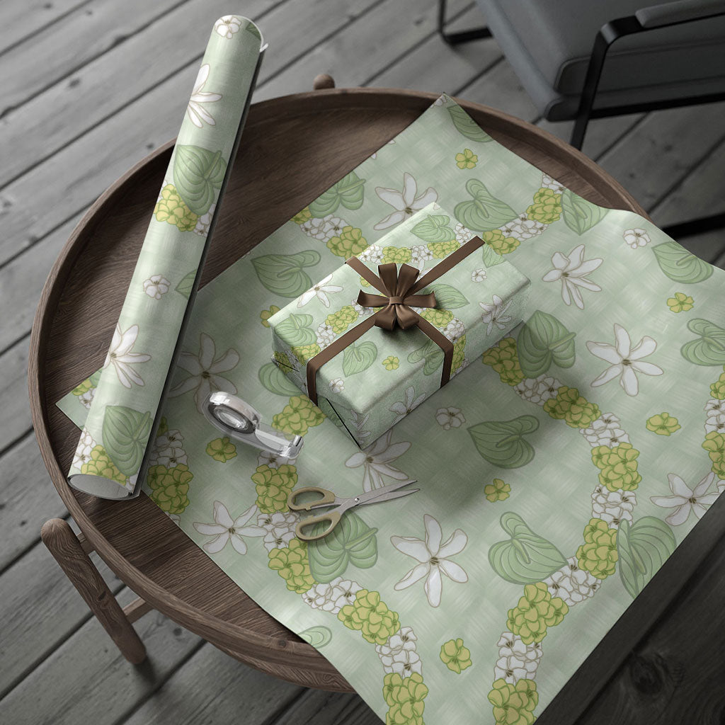 Hawaii Anthurium Tiare Pikake Lei Wrapping Paper Sage Green Lauhala Art Pattern