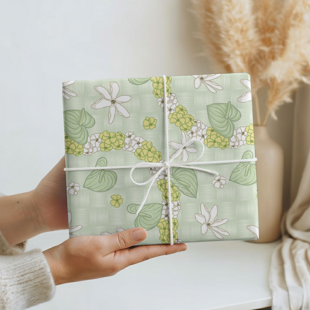 Hawaii Anthurium Tiare Pikake Lei Wrapping Paper Sage Green Lauhala Art Pattern