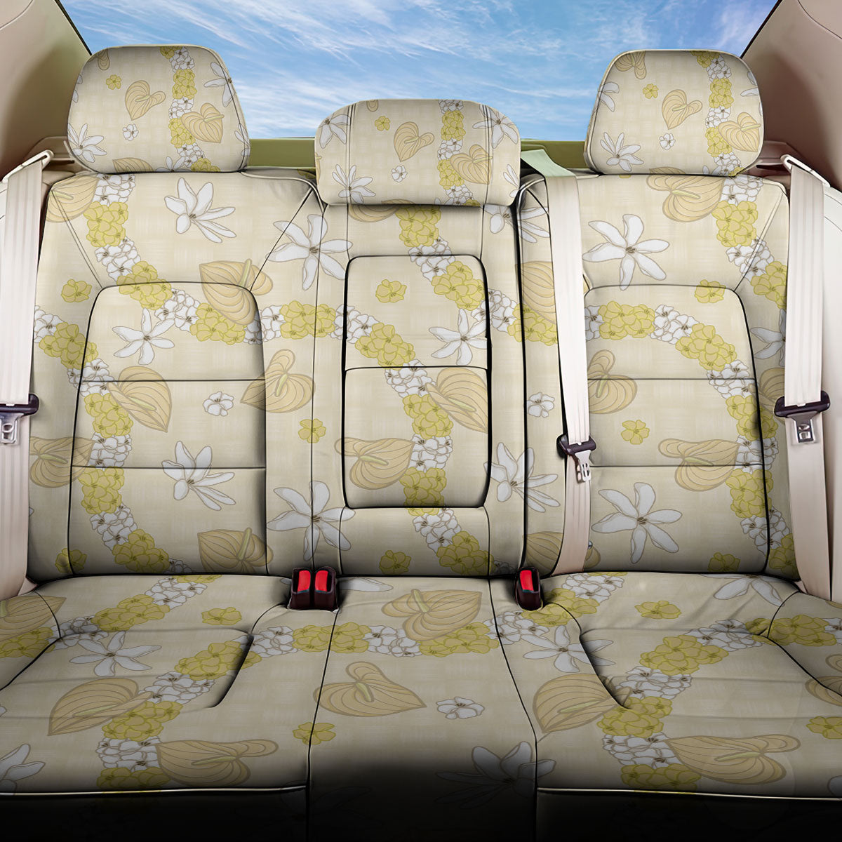 Hawaii Anthurium Tiare Pikake Lei Back Car Seat Cover Melemele Lauhala Art Pattern LT01 One Size Yellow - Polynesian Pride