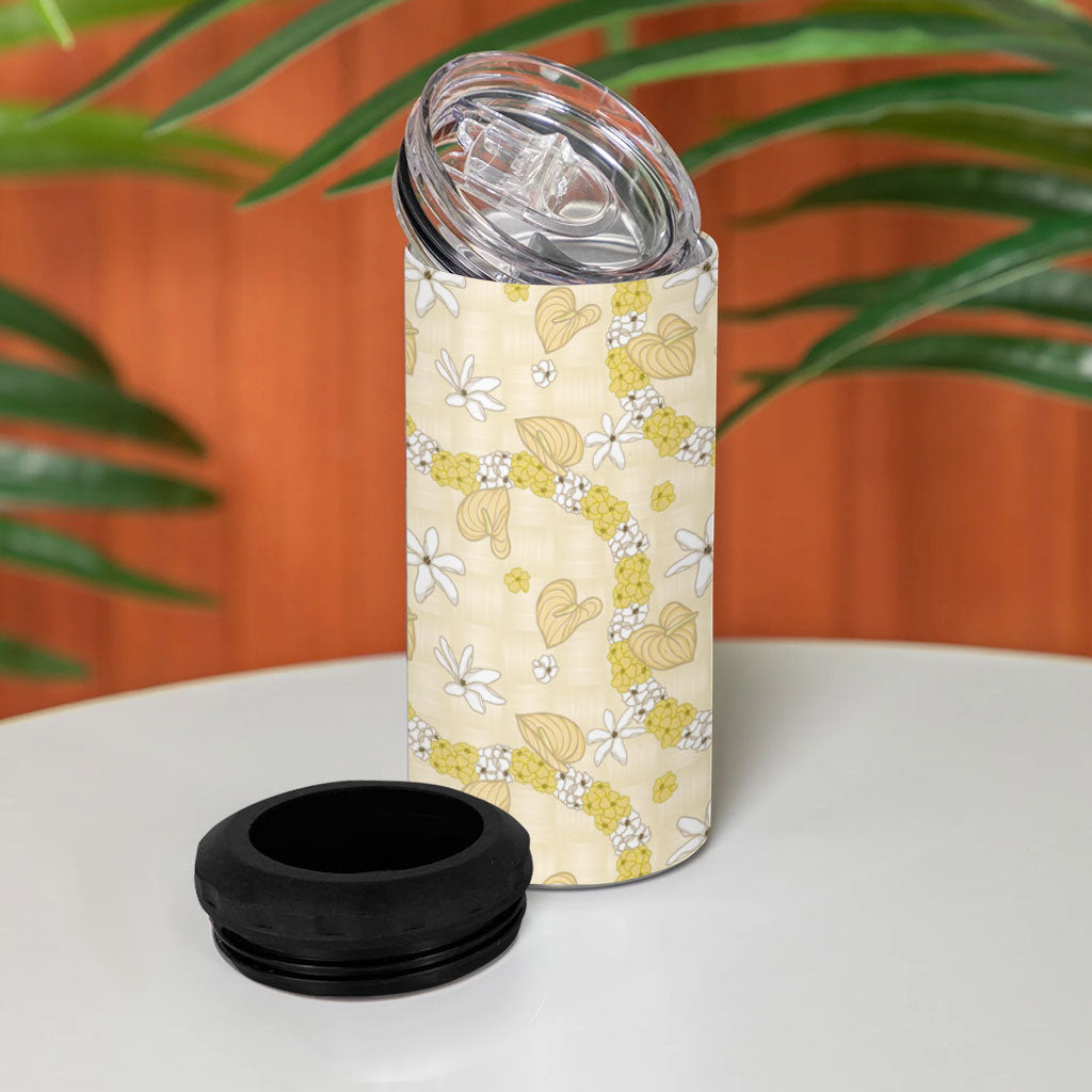 Hawaii Anthurium Tiare Pikake Lei 4 in 1 Can Cooler Tumbler Melemele Lauhala Art Pattern