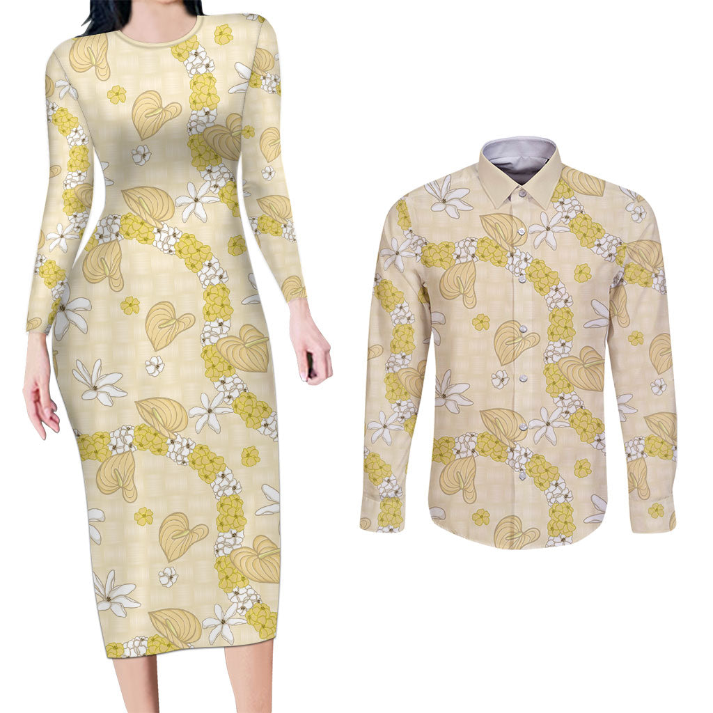 Hawaii Anthurium Tiare Pikake Lei Couples Matching Long Sleeve Bodycon Dress and Long Sleeve Button Shirt Melemele Lauhala Art Pattern LT01 Yellow - Polynesian Pride