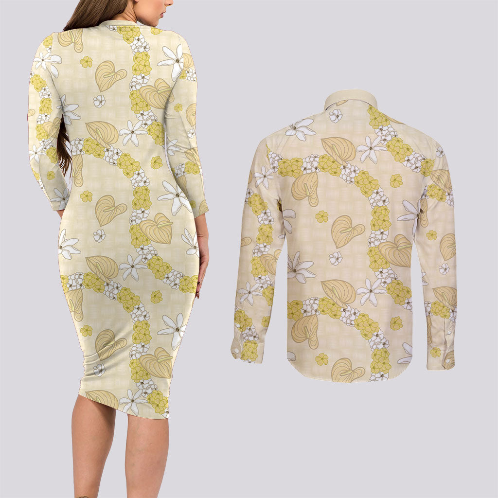 Hawaii Anthurium Tiare Pikake Lei Couples Matching Long Sleeve Bodycon Dress and Long Sleeve Button Shirt Melemele Lauhala Art Pattern LT01 - Polynesian Pride