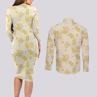 Hawaii Anthurium Tiare Pikake Lei Couples Matching Long Sleeve Bodycon Dress and Long Sleeve Button Shirt Melemele Lauhala Art Pattern LT01 - Polynesian Pride