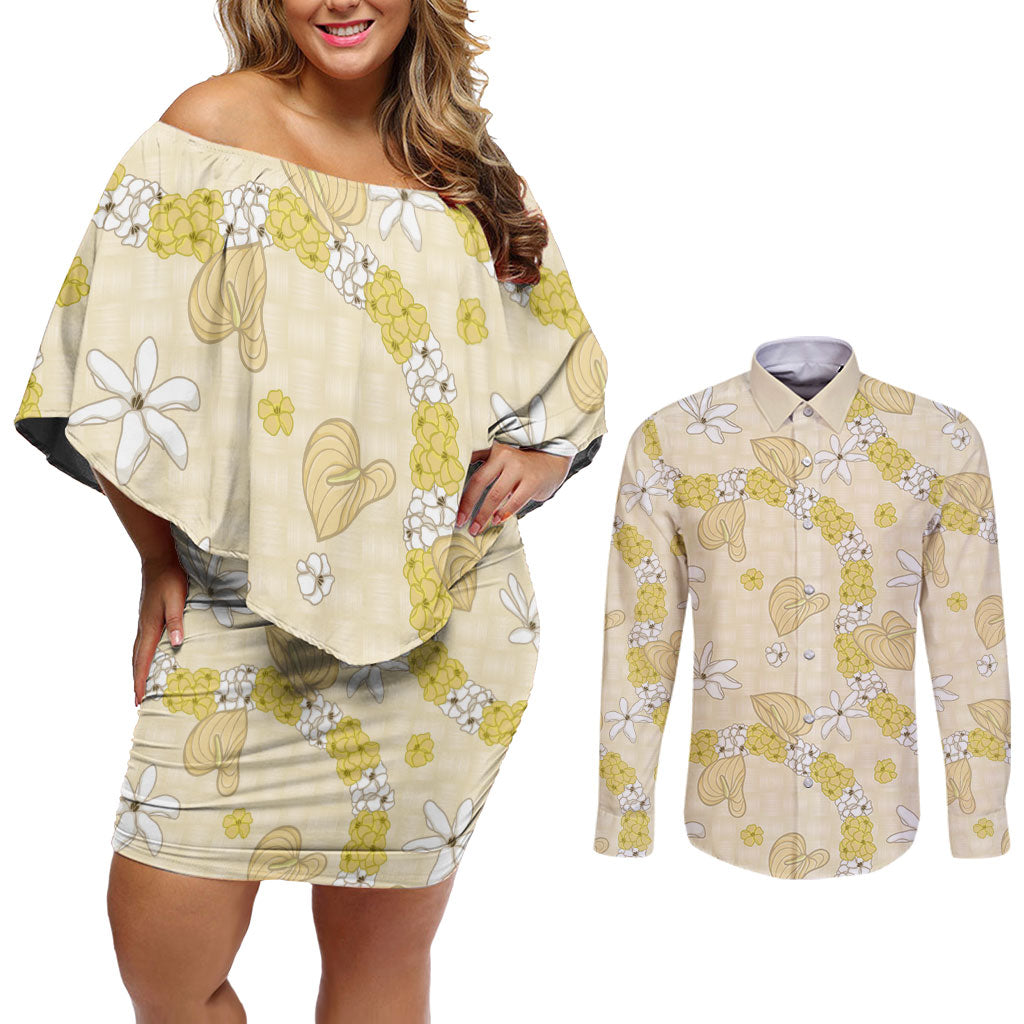 Hawaii Anthurium Tiare Pikake Lei Couples Matching Off Shoulder Short Dress and Long Sleeve Button Shirt Melemele Lauhala Art Pattern