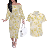 Hawaii Anthurium Tiare Pikake Lei Couples Matching Off The Shoulder Long Sleeve Dress and Hawaiian Shirt Melemele Lauhala Art Pattern LT01 Yellow - Polynesian Pride