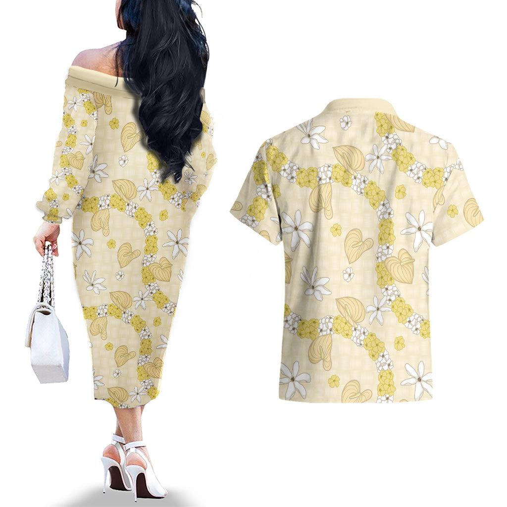 Hawaii Anthurium Tiare Pikake Lei Couples Matching Off The Shoulder Long Sleeve Dress and Hawaiian Shirt Melemele Lauhala Art Pattern LT01 - Polynesian Pride
