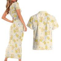 Hawaii Anthurium Tiare Pikake Lei Couples Matching Short Sleeve Bodycon Dress and Hawaiian Shirt Melemele Lauhala Art Pattern