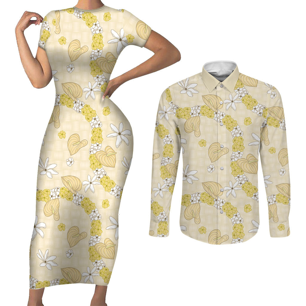 Hawaii Anthurium Tiare Pikake Lei Couples Matching Short Sleeve Bodycon Dress and Long Sleeve Button Shirt Melemele Lauhala Art Pattern LT01 Yellow - Polynesian Pride