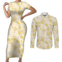 Hawaii Anthurium Tiare Pikake Lei Couples Matching Short Sleeve Bodycon Dress and Long Sleeve Button Shirt Melemele Lauhala Art Pattern LT01 Yellow - Polynesian Pride