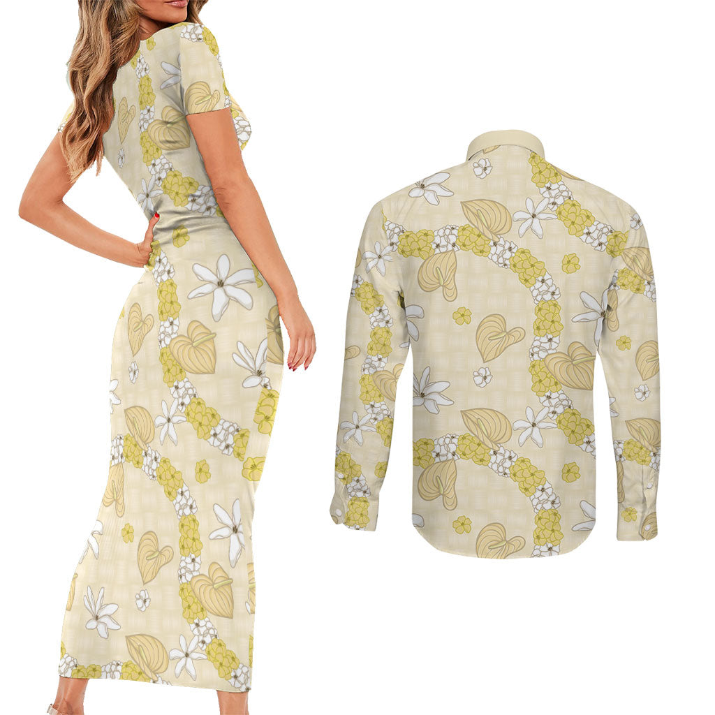 Hawaii Anthurium Tiare Pikake Lei Couples Matching Short Sleeve Bodycon Dress and Long Sleeve Button Shirt Melemele Lauhala Art Pattern LT01 - Polynesian Pride