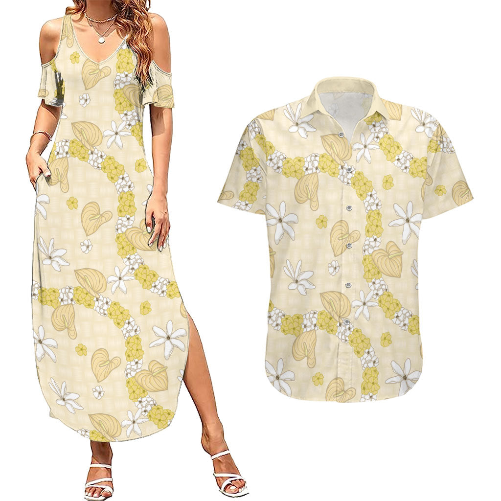 Hawaii Anthurium Tiare Pikake Lei Couples Matching Summer Maxi Dress and Hawaiian Shirt Melemele Lauhala Art Pattern LT01 Yellow - Polynesian Pride