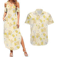 Hawaii Anthurium Tiare Pikake Lei Couples Matching Summer Maxi Dress and Hawaiian Shirt Melemele Lauhala Art Pattern LT01 Yellow - Polynesian Pride