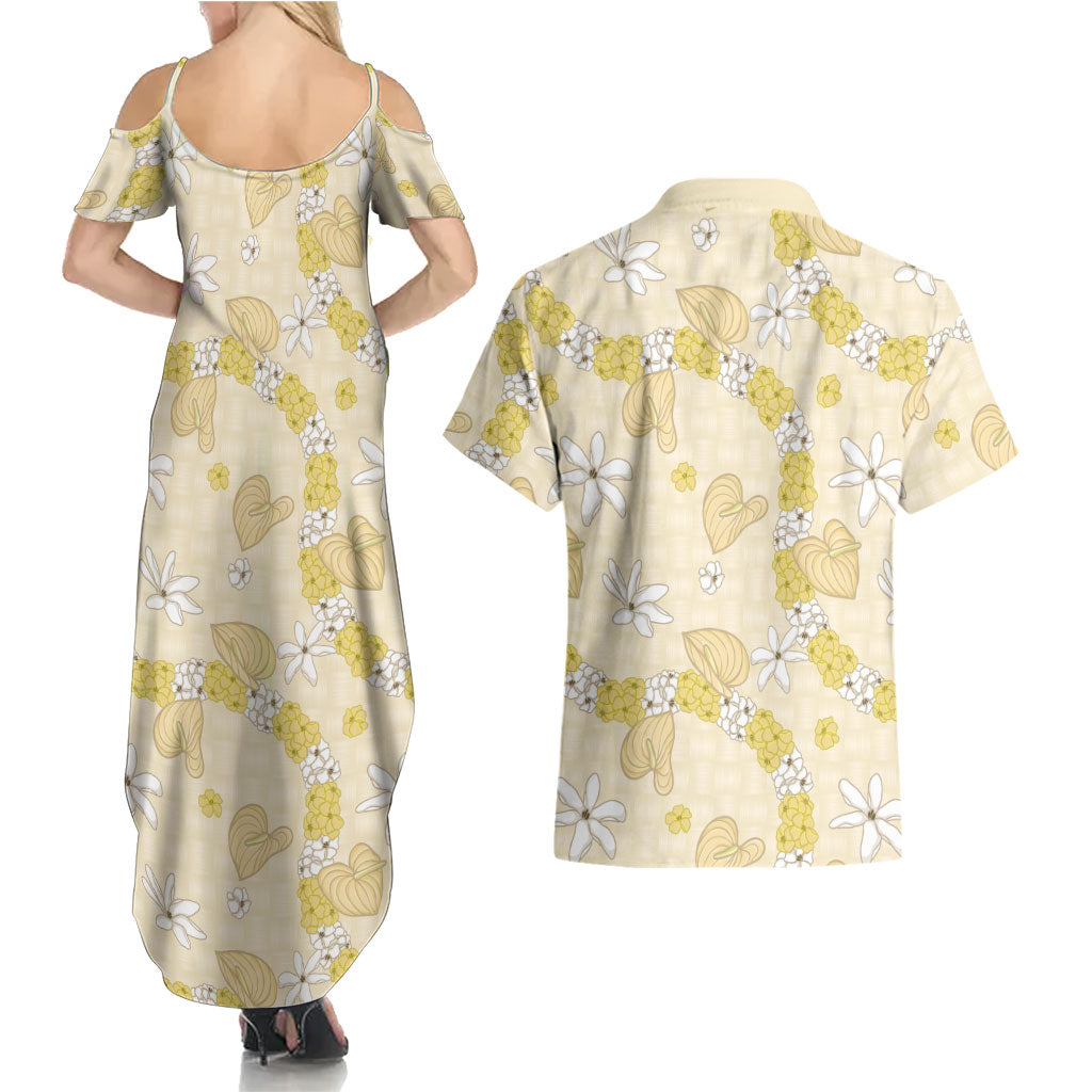 Hawaii Anthurium Tiare Pikake Lei Couples Matching Summer Maxi Dress and Hawaiian Shirt Melemele Lauhala Art Pattern LT01 - Polynesian Pride