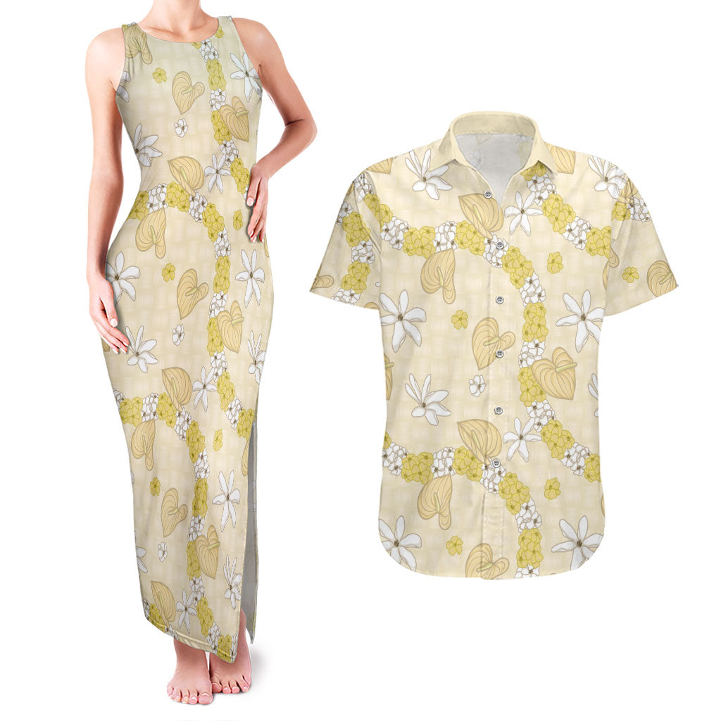 Hawaii Anthurium Tiare Pikake Lei Couples Matching Tank Maxi Dress and Hawaiian Shirt Melemele Lauhala Art Pattern