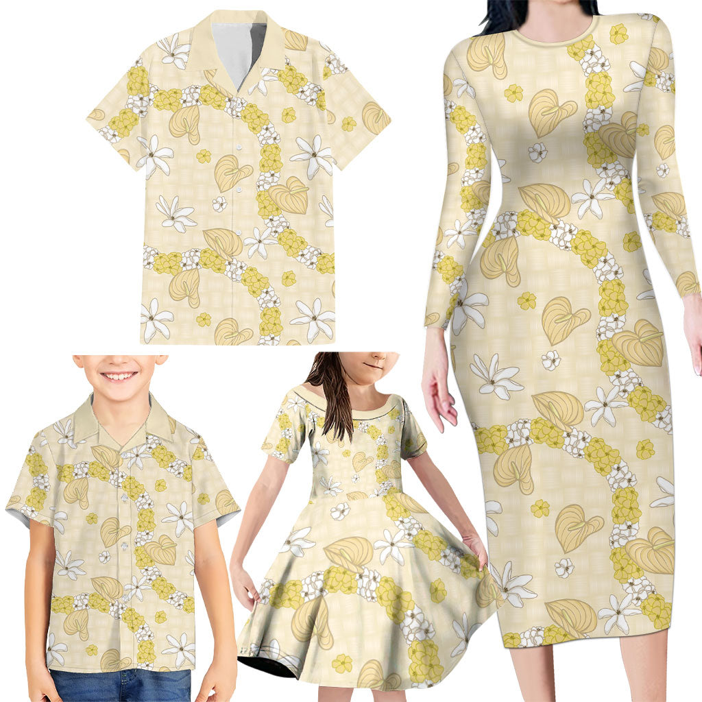 Hawaii Anthurium Tiare Pikake Lei Family Matching Long Sleeve Bodycon Dress and Hawaiian Shirt Melemele Lauhala Art Pattern