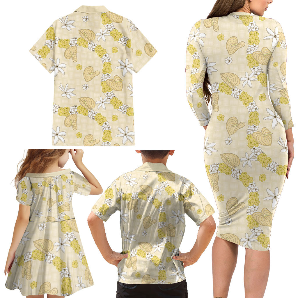 Hawaii Anthurium Tiare Pikake Lei Family Matching Long Sleeve Bodycon Dress and Hawaiian Shirt Melemele Lauhala Art Pattern