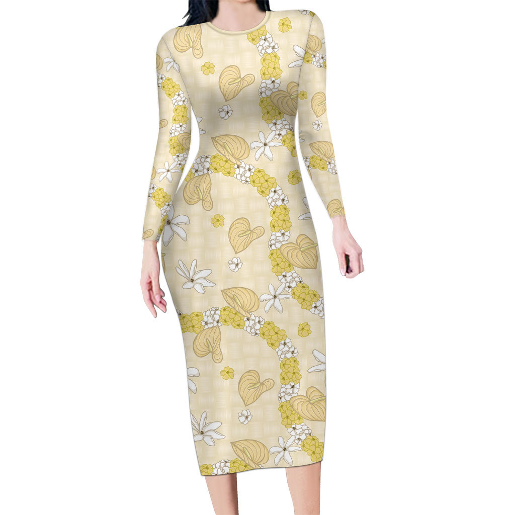 Hawaii Anthurium Tiare Pikake Lei Family Matching Long Sleeve Bodycon Dress and Hawaiian Shirt Melemele Lauhala Art Pattern