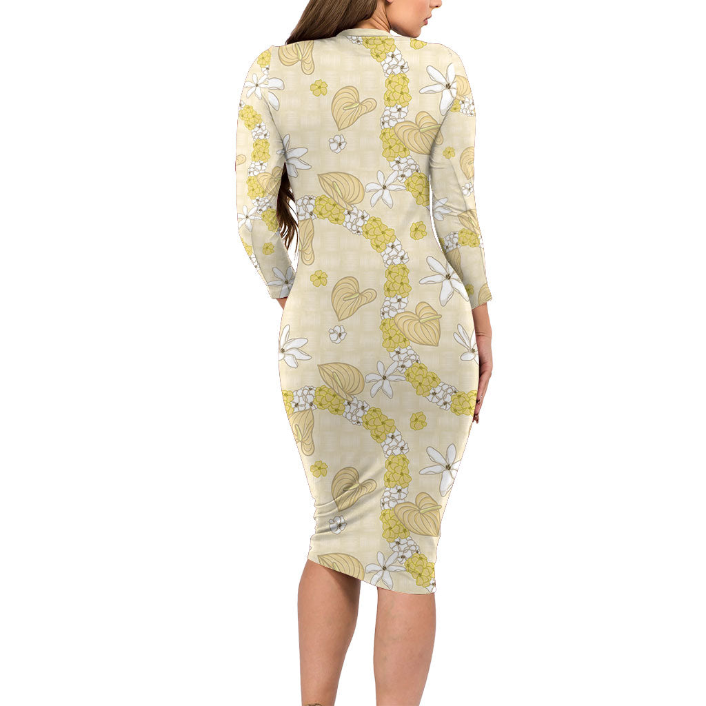 Hawaii Anthurium Tiare Pikake Lei Family Matching Long Sleeve Bodycon Dress and Hawaiian Shirt Melemele Lauhala Art Pattern