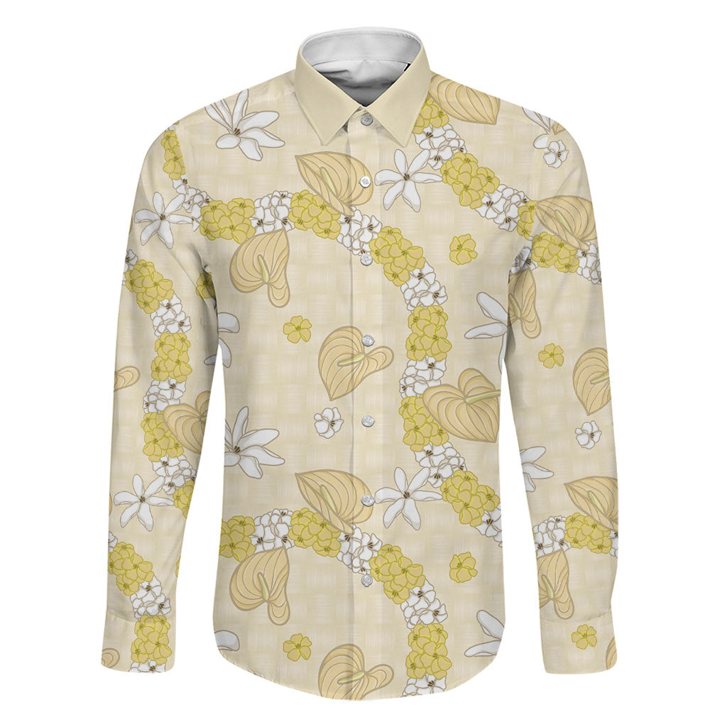 Hawaii Anthurium Tiare Pikake Lei Family Matching Off The Shoulder Long Sleeve Dress and Hawaiian Shirt Melemele Lauhala Art Pattern