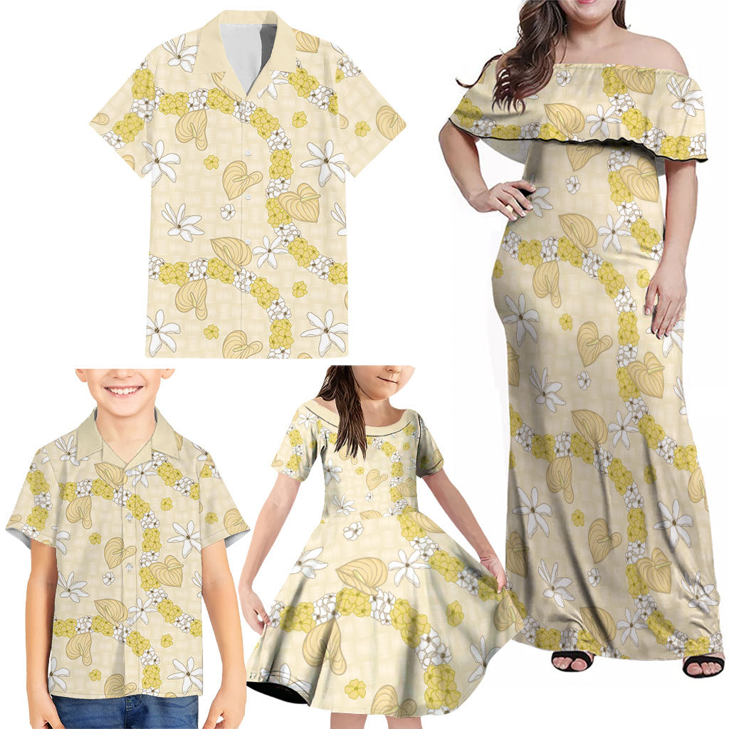 Hawaii Anthurium Tiare Pikake Lei Family Matching Off Shoulder Maxi Dress and Hawaiian Shirt Melemele Lauhala Art Pattern