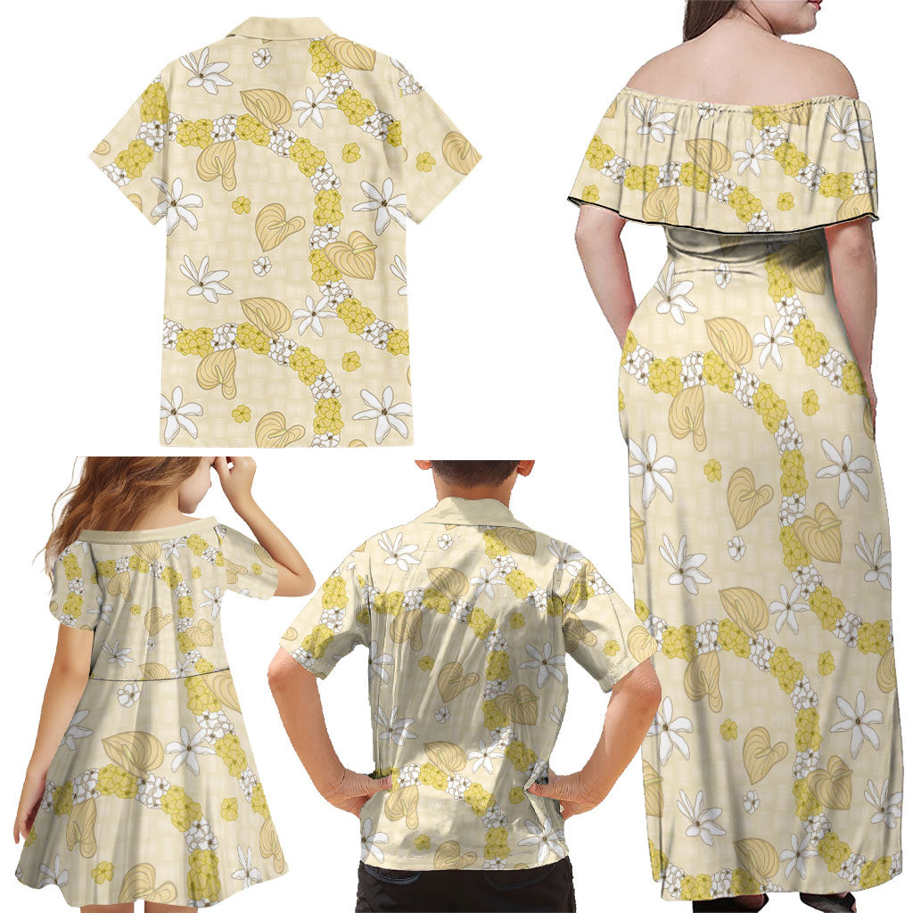 Hawaii Anthurium Tiare Pikake Lei Family Matching Off Shoulder Maxi Dress and Hawaiian Shirt Melemele Lauhala Art Pattern