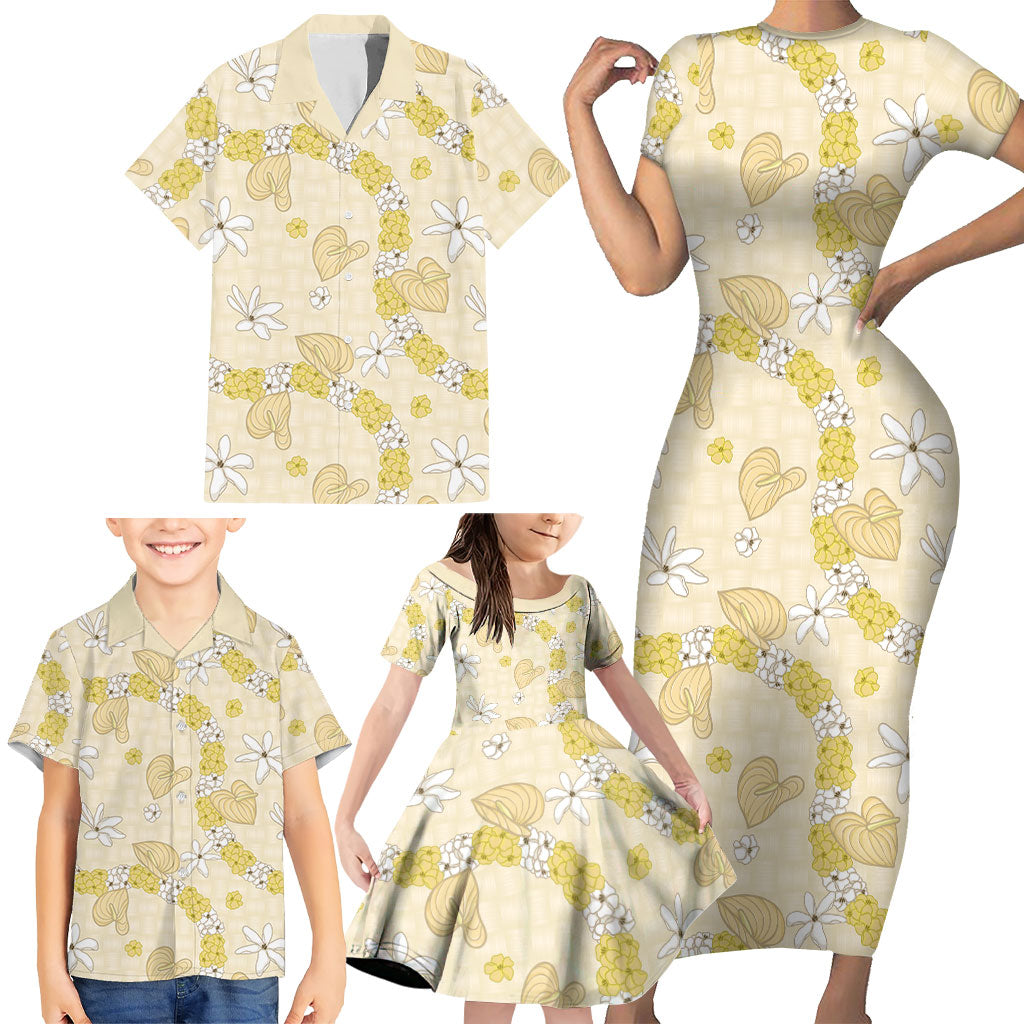 Hawaii Anthurium Tiare Pikake Lei Family Matching Short Sleeve Bodycon Dress and Hawaiian Shirt Melemele Lauhala Art Pattern