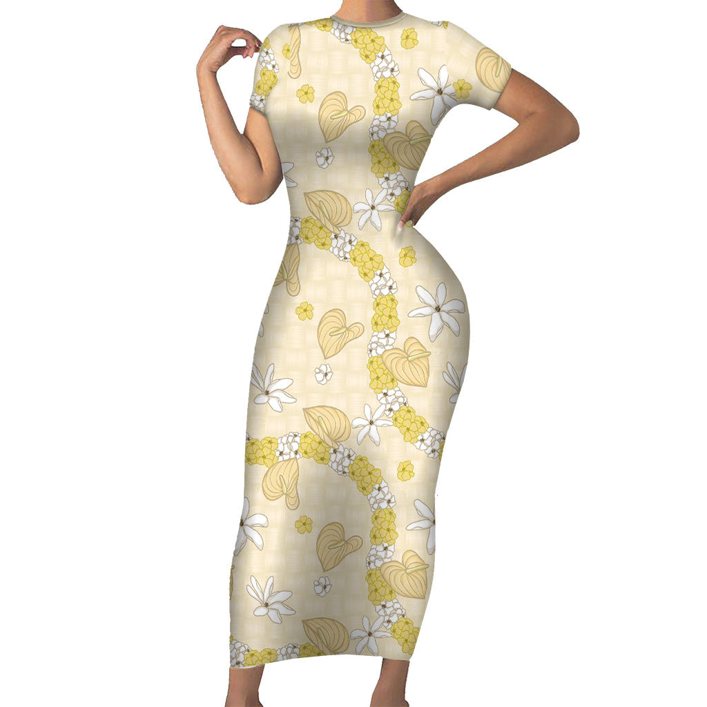 Hawaii Anthurium Tiare Pikake Lei Family Matching Short Sleeve Bodycon Dress and Hawaiian Shirt Melemele Lauhala Art Pattern