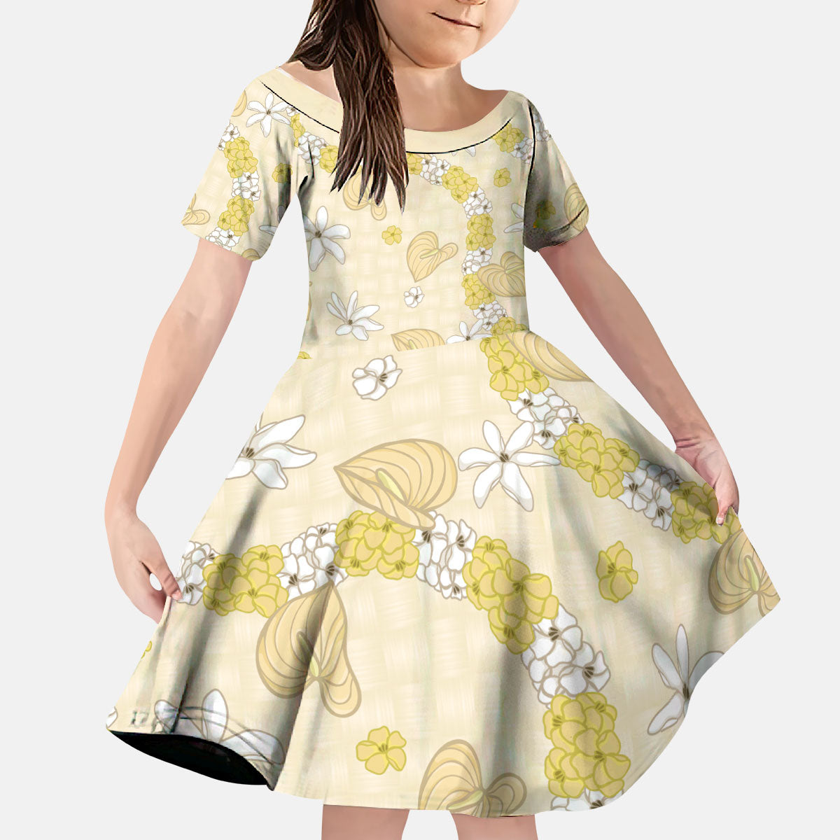 Hawaii Anthurium Tiare Pikake Lei Kid Short Sleeve Dress Melemele Lauhala Art Pattern
