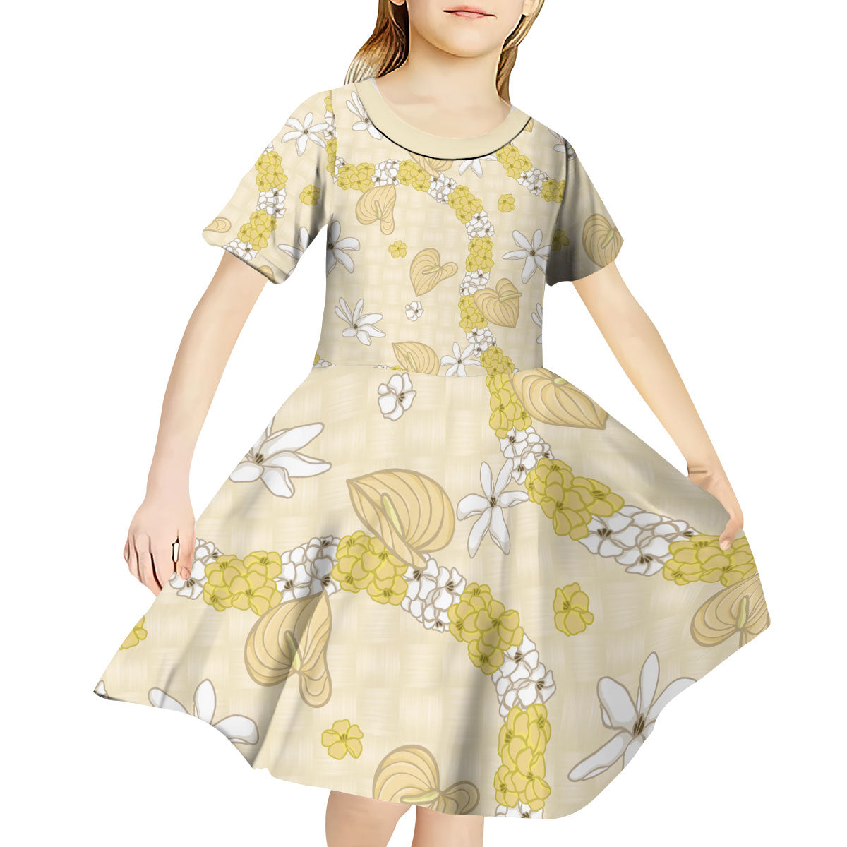 Hawaii Anthurium Tiare Pikake Lei Kid Short Sleeve Dress Melemele Lauhala Art Pattern