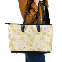 Hawaii Anthurium Tiare Pikake Lei Leather Tote Bag Melemele Lauhala Art Pattern