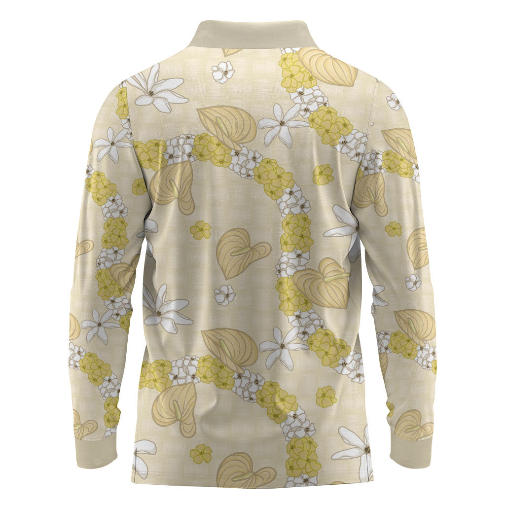 Hawaii Anthurium Tiare Pikake Lei Long Sleeve Polo Shirt Melemele Lauhala Art Pattern
