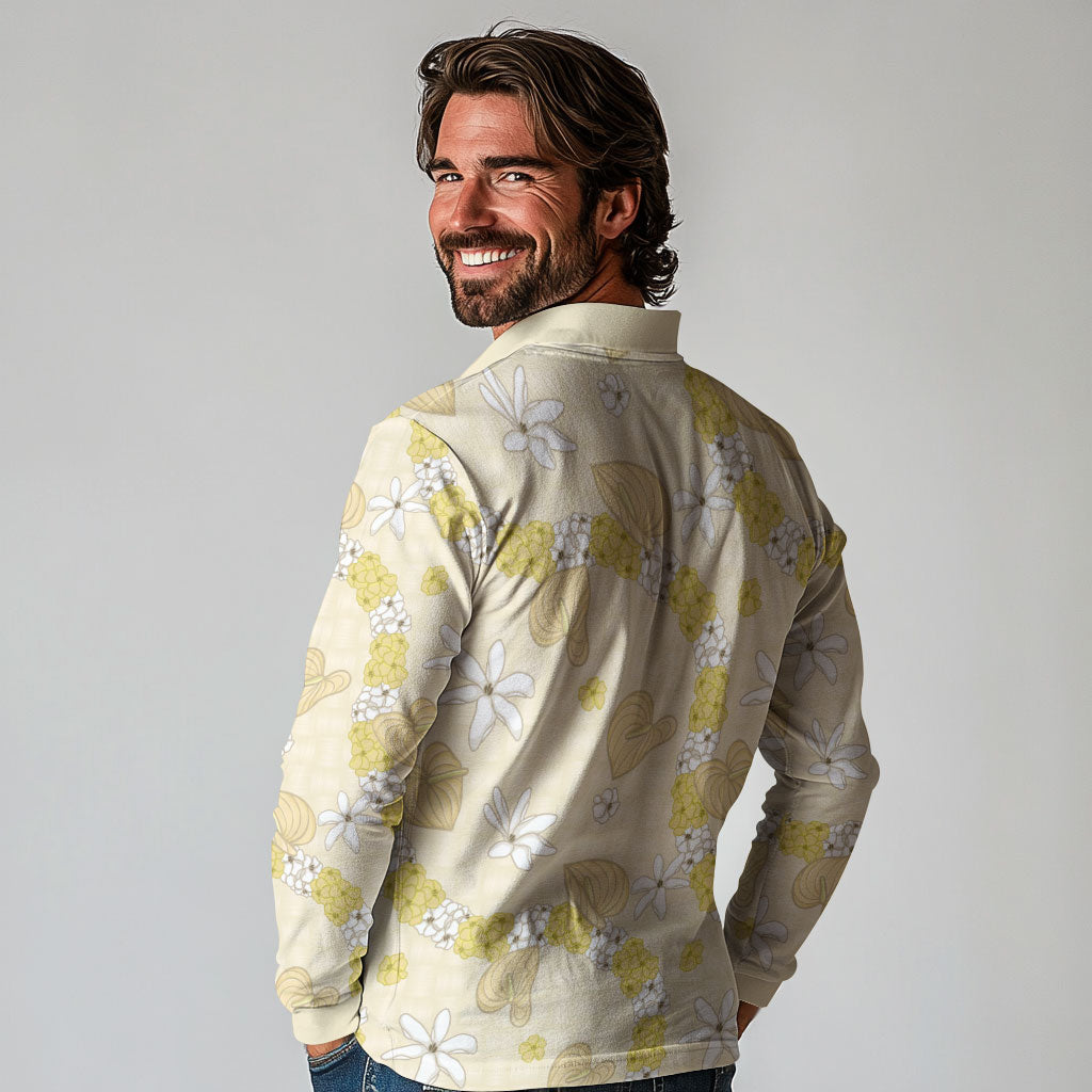 Hawaii Anthurium Tiare Pikake Lei Long Sleeve Polo Shirt Melemele Lauhala Art Pattern