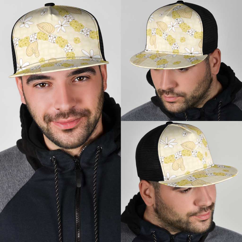 Hawaii Anthurium Tiare Pikake Lei Mesh Trucker Cap Melemele Lauhala Art Pattern
