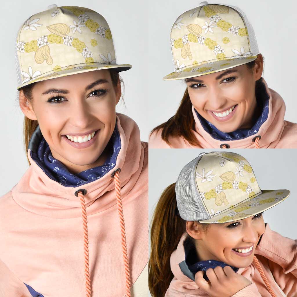 Hawaii Anthurium Tiare Pikake Lei Mesh Trucker Cap Melemele Lauhala Art Pattern