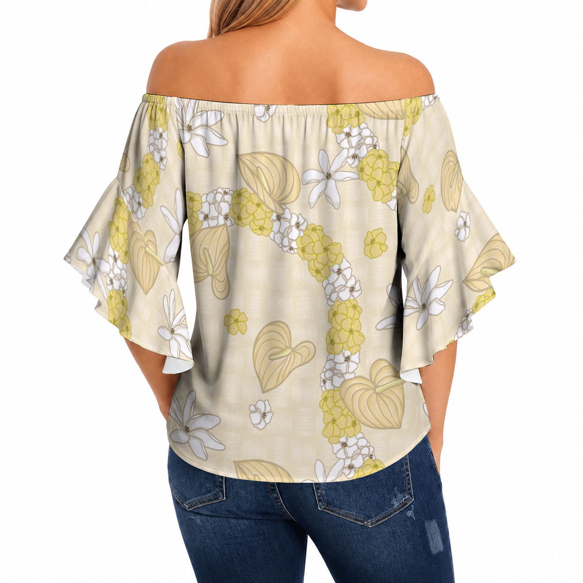 Hawaii Anthurium Tiare Pikake Lei Off Shoulder Wrap Waist Top Melemele Lauhala Art Pattern LT01 - Polynesian Pride
