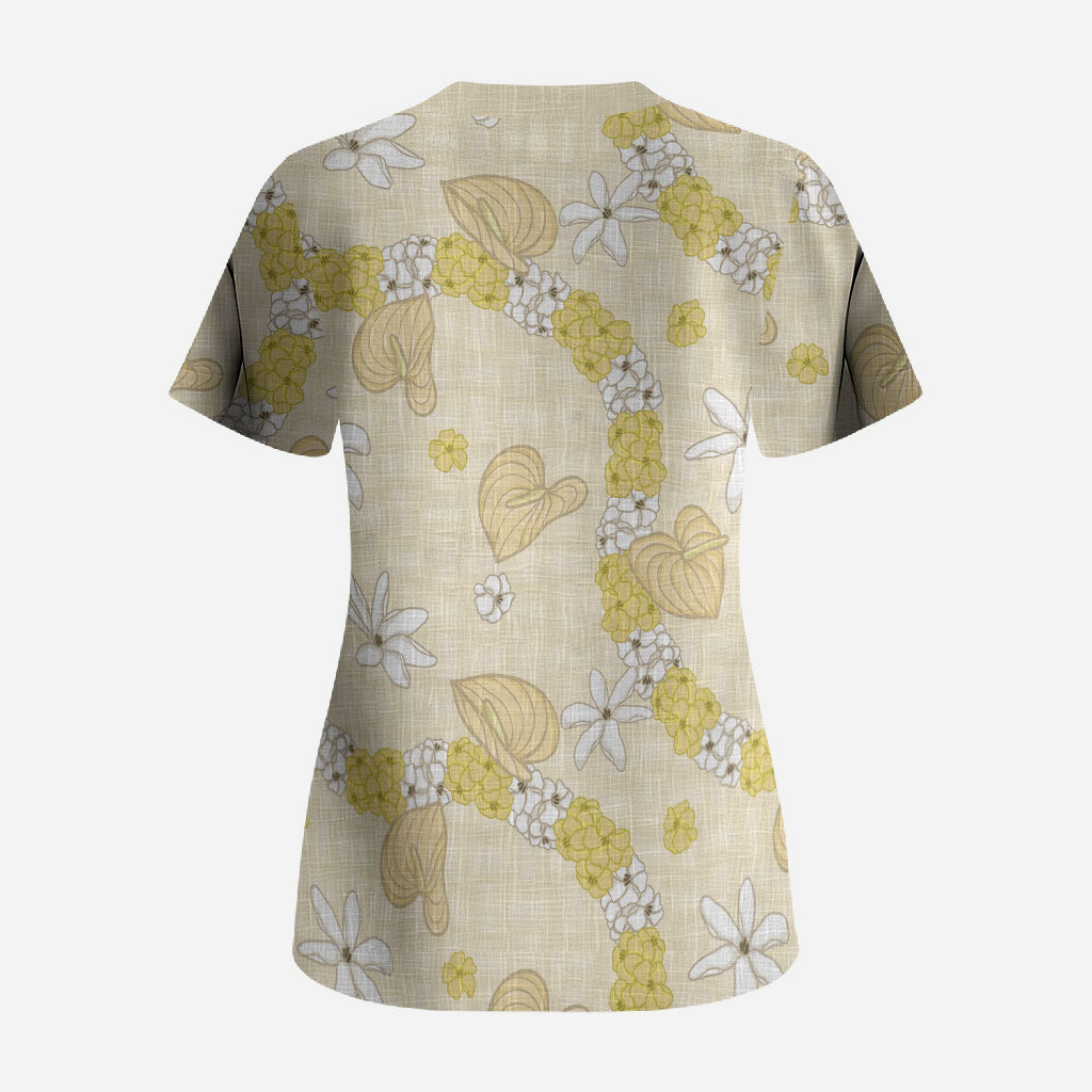 Hawaii Anthurium Tiare Pikake Lei Scrub Top Melemele Lauhala Art Pattern