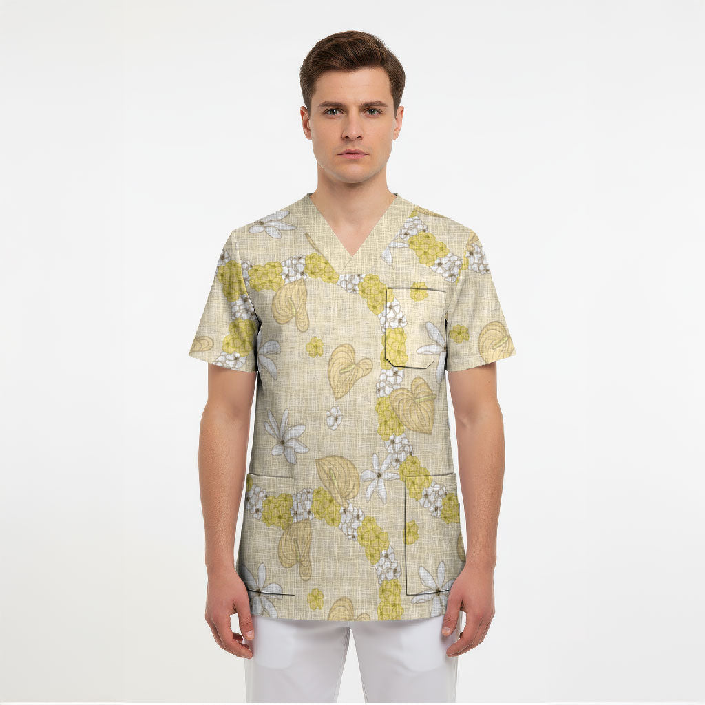 Hawaii Anthurium Tiare Pikake Lei Scrub Top Melemele Lauhala Art Pattern