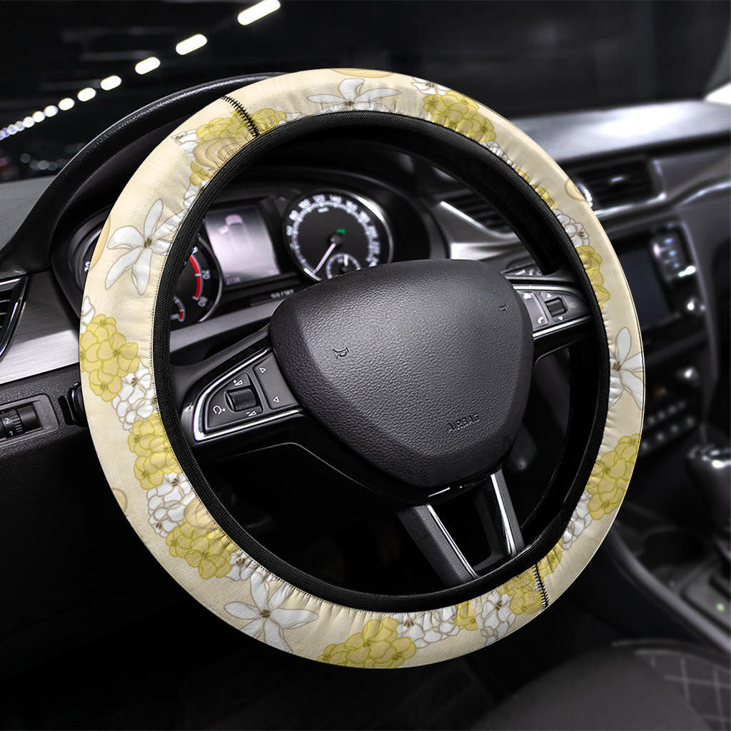 Hawaii Anthurium Tiare Pikake Lei Steering Wheel Cover Melemele Lauhala Art Pattern