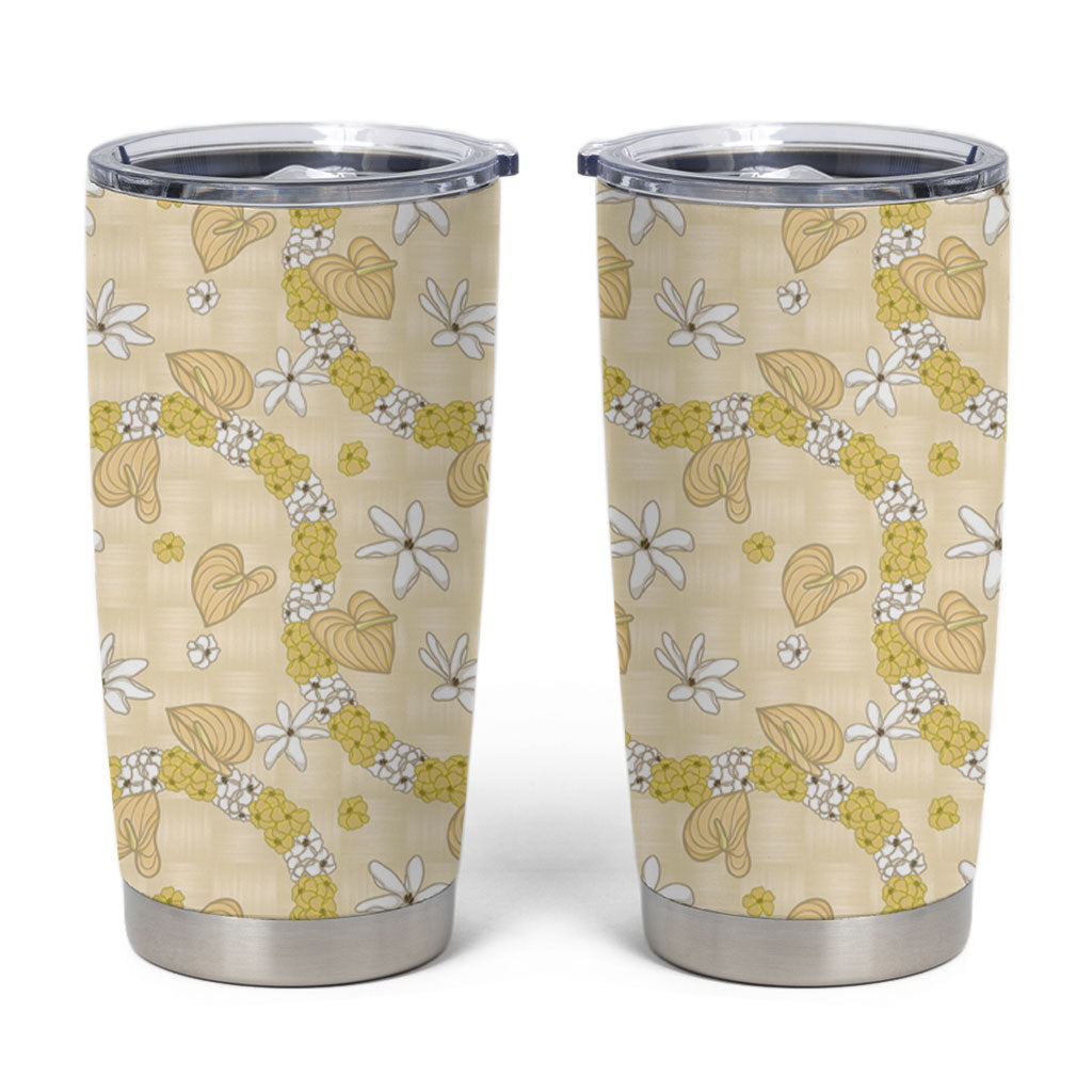 Hawaii Anthurium Tiare Pikake Lei Tumbler Cup Melemele Lauhala Art Pattern
