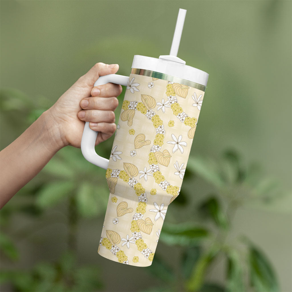 Hawaii Anthurium Tiare Pikake Lei Tumbler With Handle Melemele Lauhala Art Pattern