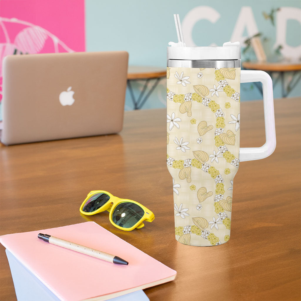 Hawaii Anthurium Tiare Pikake Lei Tumbler With Handle Melemele Lauhala Art Pattern